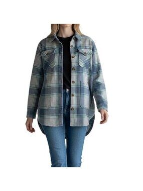 Women's Plaid Shacket Size L Green Blue Button Front Shirt Jacket